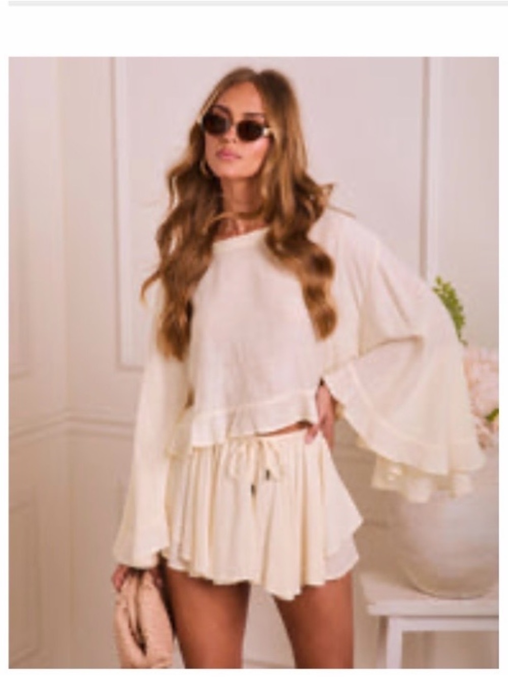 Cream Two-Piece Ruffled Set - Flowing Top & Skirt